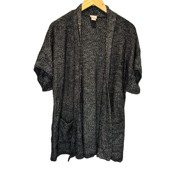 Chico's Black & White Speck Long Length Short Sleeve Open Front Cardigan - 2 - Picture 1 of 5